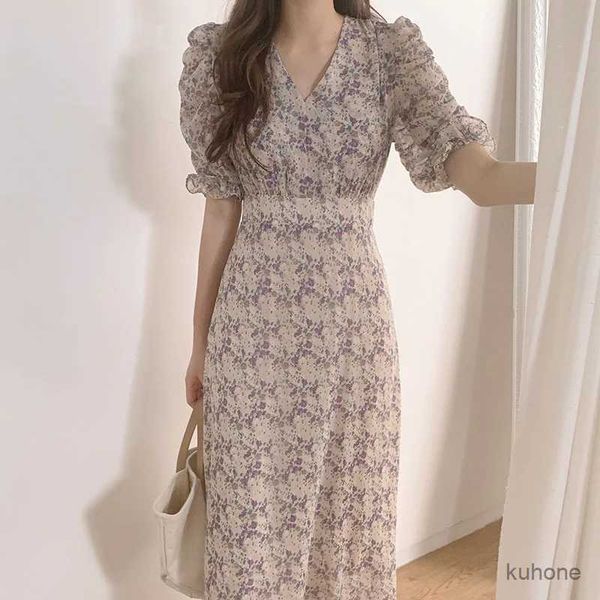 Abiti casual di base Nuova Fashion Chiffon Floral Long Dress Women 2024 Office Lady Summer Short Short Evening Party Abiti Stampa Vero a V per collo 9813 9813