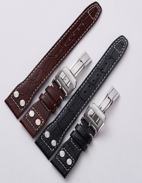 20 мм 22 -мм кожаный часовой ремешок с развертыванием складывающихся застежки Мужские часы полоса для Fit IWC Mark 17 браслет темно -коричневый Black6733759