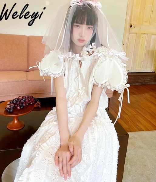 Blouses femininas Lolita Tridimensional Manga de amor Blusa do arco femmes Sweet 2024 Primavera e verão Garota fofa Kawaii Lace White Shirt Ladies