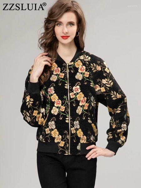 Jackets femininos zzsluia vintage para mulheres estilista de miçangas estampadas em feminina casacos de manga comprida moda elegante casaco feminino