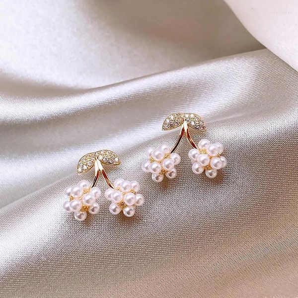 Brincos do garanhão Korea Jóias de moda de zircão Cherry Pearl 14K Praado de ouro Doce menina Presente Elegante Acessórios Diários para Mulheres