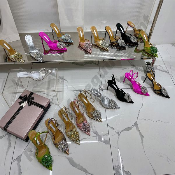 Kristal margarita 10cm saten pompa elbise ayakkabıları aquazzura ananas noktası sivri bowknot kristal elmas sandal pompaları yüksek topuklular payetli stilettos kadın ayakkabı