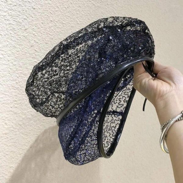 Boinas de chapéu de renda respirável de verão Glitter Glitter Plain Cut fofo fino artista francês Mulheres