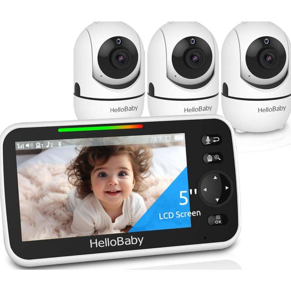 Hellobaby HB6550 5 Baby Monitor с 26-часовой батареей, 3 камеры, Pan/Tilt/Zoom, диапазон 1000 футов, видео/аудио-монитор, без Wi-Fi, Vox, Night Vision, 2-й разговор, 8 колыбельных