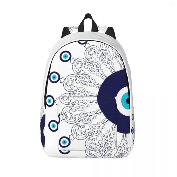 Backpack Marinha azul branco Mediterrâneo Evil Eye Mandala Canvas resistente à água Escola College Bohemian Boho Bag Print Bookbags