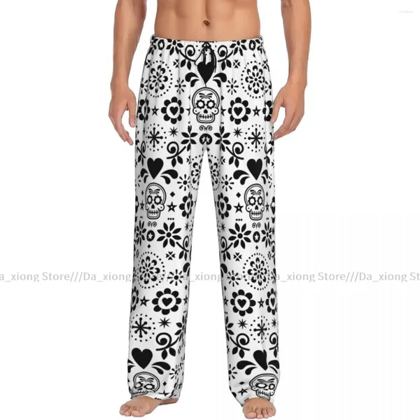 Herren Nachtwäsche Herren lässiger Pyjama Langes Lose loser elastischer Bund zu Zuckerschädel Schwarz -Weiß -Druck gemütlicher Home Lounge Hosen