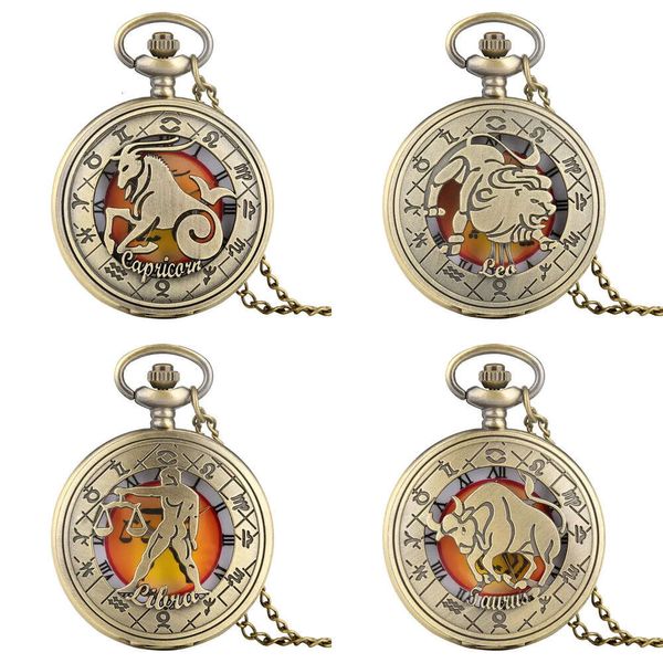 Pocket Vintage Watch Twee Constelations Zodiac Homem Mulheres Analógico Relógios de quartzo Analog Com Chain Chain Birthday Gifts RELOJ DE BOLSILLO ES