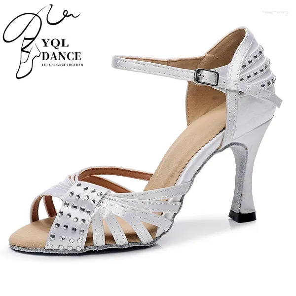 Sapatos de dança Mulher Rhinestone Latin White Mancha Silk Ballroom Salsa Dança Kids Bottom Bottom Latino Salto 7.5cn/9cm