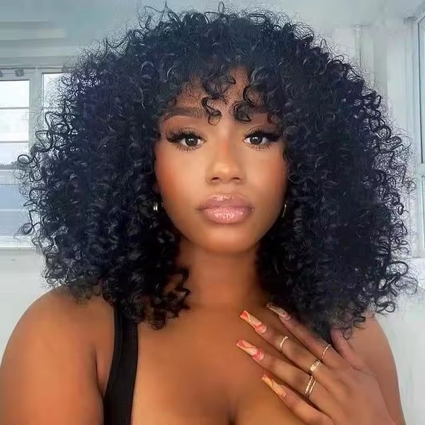 Großhandel Brasilianer Kurzverteidiger Kinky Curly Bob Human Hair Perücke für schwarze Frauen Naturfarbe Virgin Remy Fringe Curly Bob Perücken