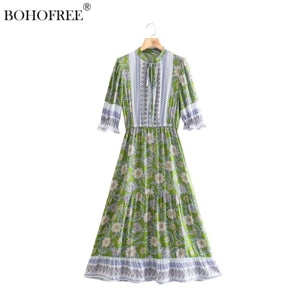 Vestidos de vestido de estampa floral verde maxi manga curta vneck rayon algodão vestido mulher mujer praia férias hippie vestidos femme vestido cigano