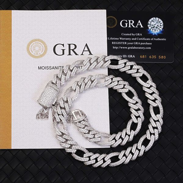 Preço no atacado 925 prata sólida 13 mm de largura com 2rows Moissanite Diamond Chain Link Ferrero para joias de hiphop masculino