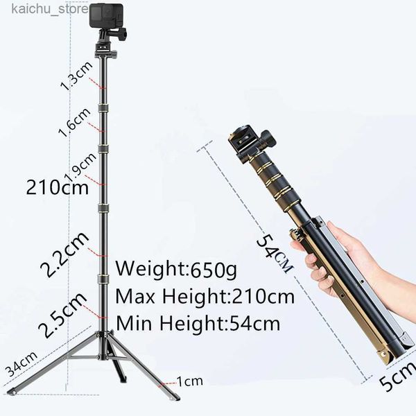 Monopodi selfie 2023 Nuovo design 210 cm Stick Stick Tripode Monopode Monopode Light Stand per GoPro Hero 11 10 9 Action DSLR Smartphone fotocamere Y240418