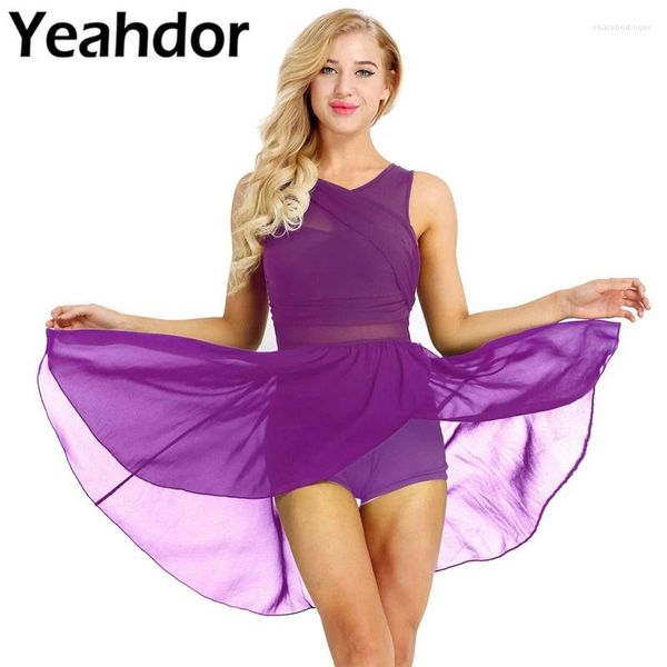 Bühne Wear Damen ärmelloses geschnittenes asymmetrisches Chiffon Ballet Dance Lotard Kleid Erwachsene lyrische moderne Praxis Kostüme Tanzkleidung