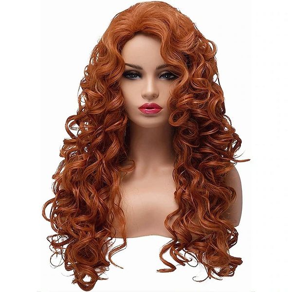 2024 Alta qualidade de 24 polegadas lateral Parte de peruca longa venda quente laranja pequena cabelo ondulado atacado Europa Europa América Moda Permed Hair Rose Rose Rod Wig