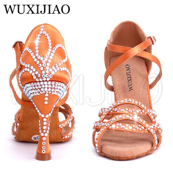 Sandali wuxijiao laties scarpe da ballo latina con raso marrone strass di strass tacchi alti scarpe da ballo salsa comode tallone morbido 9 cm