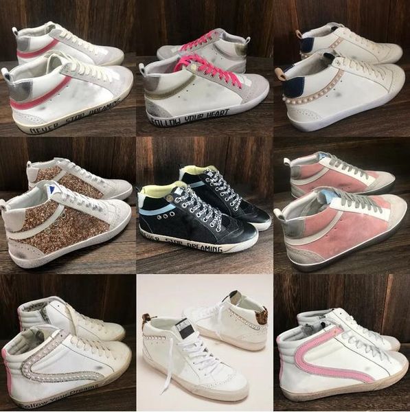 Novo lançamento de tênis de topo alto branco e velho tênis sujo sapatos masculinos sapatos femininos de ouro luxuoso lantejoulas italianas tênis de sapatos sujos clássicos.