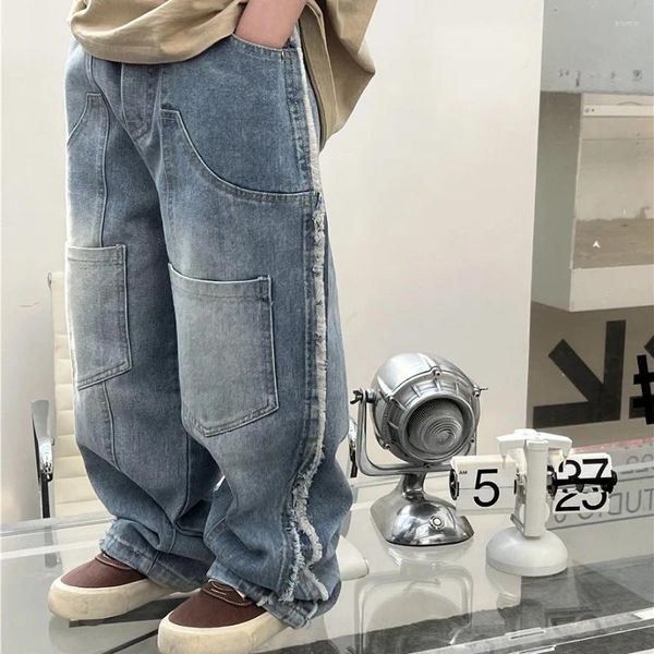 Calças jeans infantis 2024 verão americano retro retalhos de retalhos com bordas babados calças jeans da moda para meninos e meninas roupas de crianças