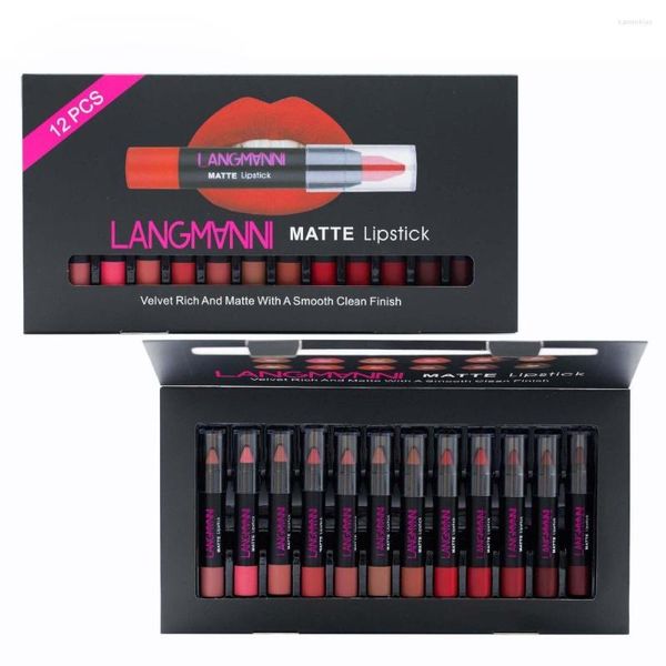 Lippenstift 12pcs/Set sexy rote Lippen Matte Samt Bleistift Kosmetische langlebige Lippentönung Pigment Make -up nackt braun