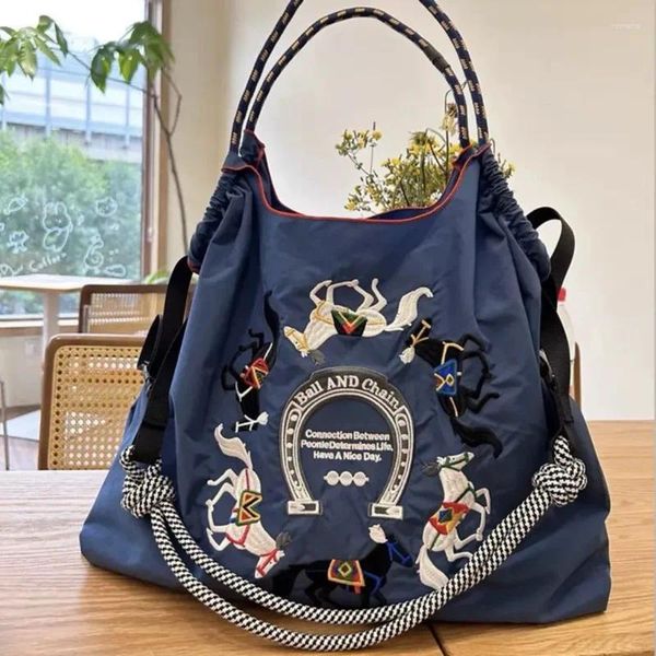 Taillenbeutel Einkaufstasche Ballchain Horse Stickerei große Kapazität Eco Navy Blue Shopping Schulterhandtasche Leinwand für Frauen