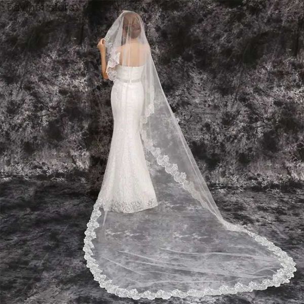 Jóias de cabelo de casamento 1 camada feminina feminina de casamento branco véu de casamento ultra longo de tule tule bordado amplo véu bordado