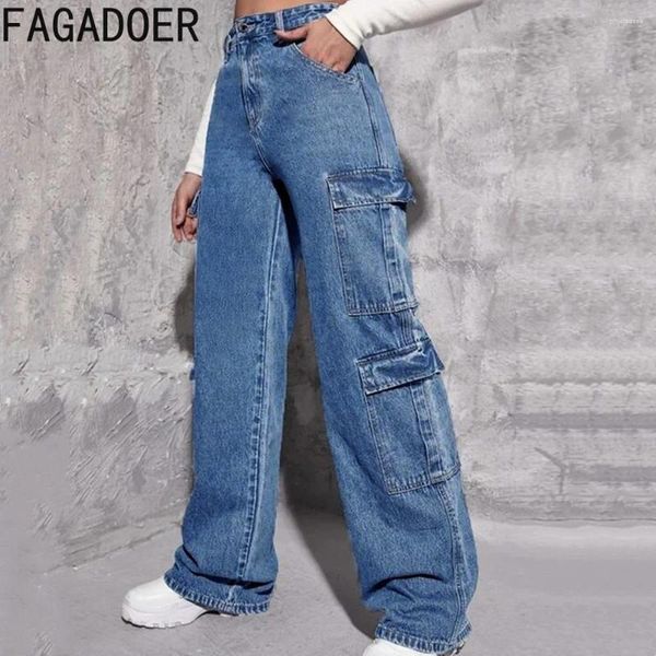 Frauen Jeans Fagadoer Blue Fashion Y2K Denim Cargo Hosen Frauen hohe taillierte Knopftasche gerade Jean lässige weibliche weibliche Weitbeinhose