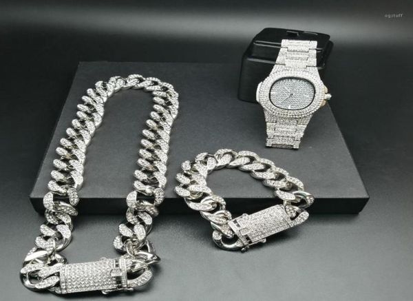 2 cm de cor de ouro de hip hop gelado de cristal miami cadeia cubana dourada masculina assista colar pulseira conjunto de hip hop king new17862023