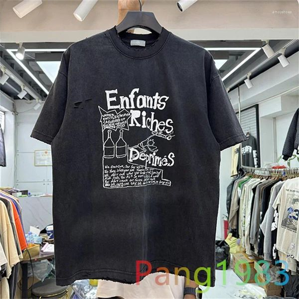 Erkek Tişörtleri Erd Yaratıcı Mektup Slogan Delikli T-Shirt Erkek Kadın Yüksek Kaliteli Yıkalı Eski Gömlek Sokak Giyim Vintage Sıradan Tops Tee