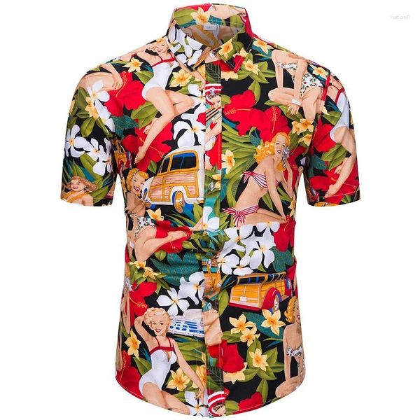 Herren lässige Hemden schöne Frau Grafik für Männer Kleidung 3D -Print Hawaiian Strandhemd Kurzarm Y2K Blume Tops Klamte Bluse