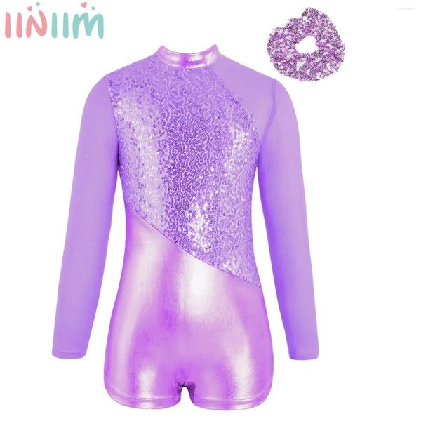 Bühne Wear Kids Girls Girls Tanz Performance Outfits Sparklining Pailletten Metallic Reißverschluss Rücken -Trikot mit Haarkrawatten -Set Figur Eis Skatenkostüm