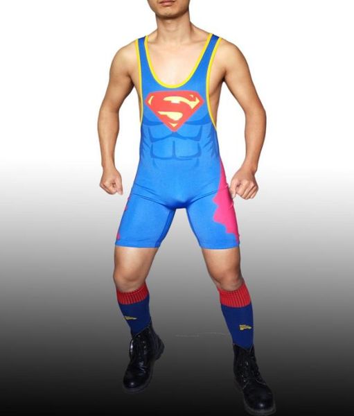Man Lower Cut Superman Wrestling Singlet Weight Lifeting Suit Men Tights Guting Suit One Piece Jumpsuit361194
