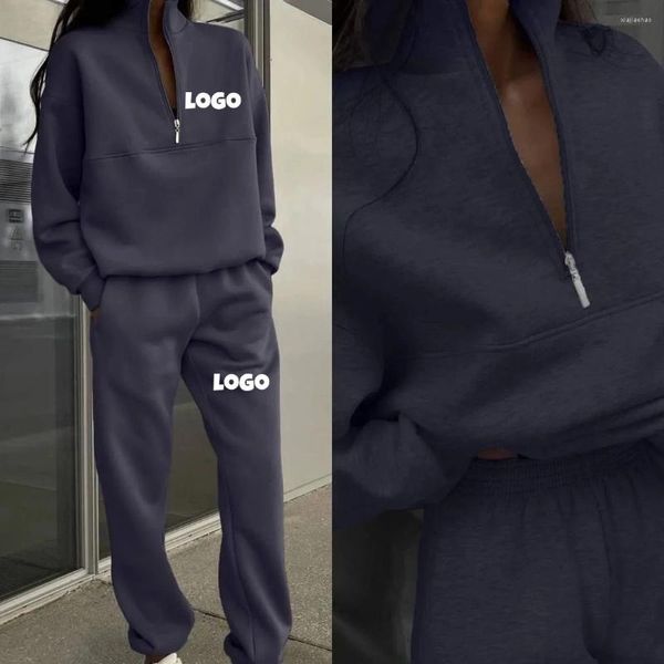 Damen zweisteuelhafte Hosen Custom Logo Tracksuit Herbst warmer Hoodie lässig Langarm Sweatshirts und Hosen Fleece Sets Lady Anzug