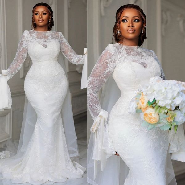 Vestidos de noiva de sereia 2024 vestidos de noiva elegantes vestidos de noiva para noiva mangas compridas lácio fulllace pescoço arco de pescoço decorado vestido de noiva para mulheres negras africanas d222