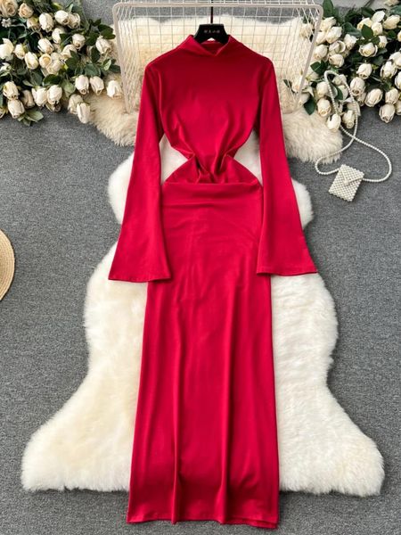 Lässige Kleider Foamlina Frühling Herbst Frauenkleid Feste Farbe Rollkragenpolster Langer Flare -Ärmel Schnürung offener Rücken sexy Abendparty Maxi