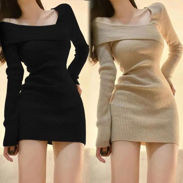 Lässige Kleider Pulabo Korean Style Mini Strick einteiliges Kleid Frauen Coquette Sexy Langarm Tunika Kabarett Khaki Winterkleidung