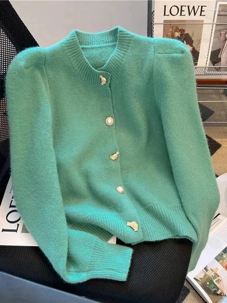 Damen Strick koreanischer Stil Bubble Sleeve Winter Pullover Strickjacke Mantel Feste Farbe Metalknopf Lange duftende runde Hals