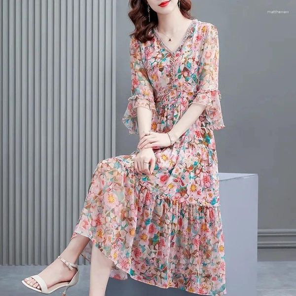 Abiti casual 2024 Donne Donne Dress Summer Stampa di moda a v-scollo chiffon Bohemian Beach Elegant Ladies Party Women's Clothing