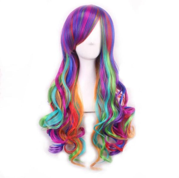 Woodfestival Long Wavy Wig Rainbow Color Синтетические волосы Женщины Японские хараджуку зеленый розовый белый красный фиолетовый волокно аниме косплей Wi3609649