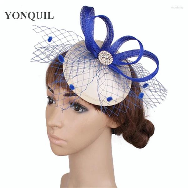 Berets Fashion Royal Blue Feartanator Satin Base с точки -птичьей клеткой -вуалью с брушкой для свадебной шляпы для свадебных уборов свадеб