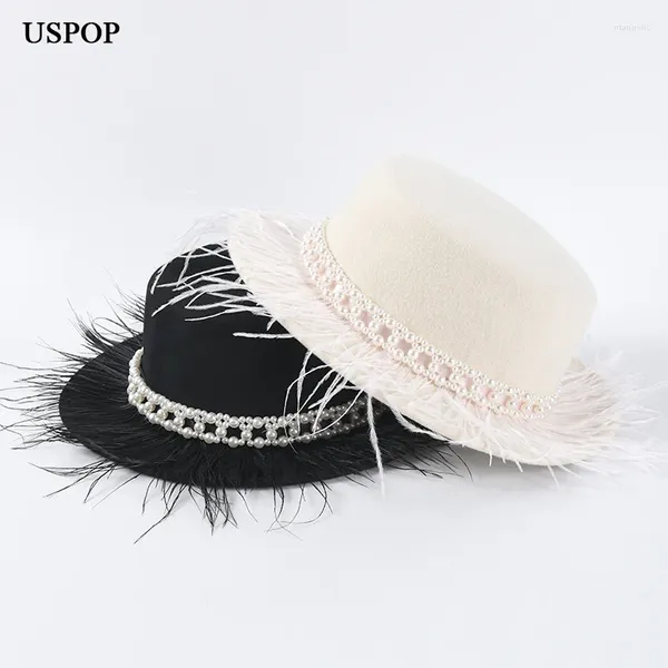 Berets USPOP Frauen Fedoras weibliche Luxusfeder Perle Dekoration Schwarz weißer Wolle Hut Mode Flach Top