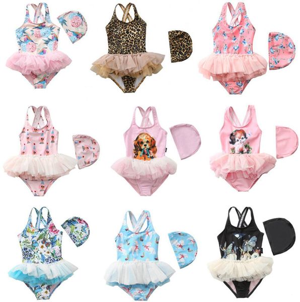 33 Styles Kids Cartoon Cavalo Floral Twopes com boné roupas de banho de roupas de banho Bodysuit Kid Biquini Ruffle Beach Sport Bathin6110882