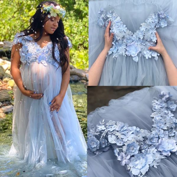 Abiti da sera elegante chic perle in pizzo blu cielo Tulle Robe Maternity for Women Sheer Long Night Night Night Night Good Stupy Toothobe per fotografare