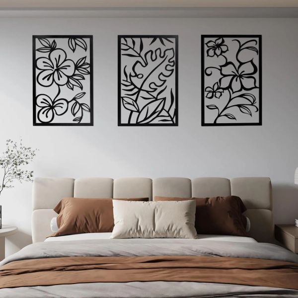 Panel 3 Stcs Rechteck Wanddekor Metall Blumenminimalistische Linie Pflanze Silhouette Ästhetik moderne Skulptur für Wohnzimmer Garten Schlafzimmer