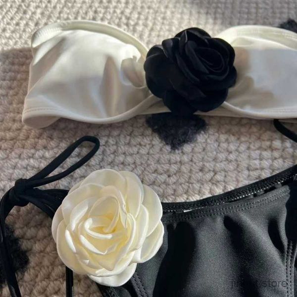 Damen Badebekleidung 2024 Damen Sexy 2 -teilige 3D Blumen Rose Bikini Bind Back Cut Bikini Set Badeanzug Badeanzug Strandbekleidung