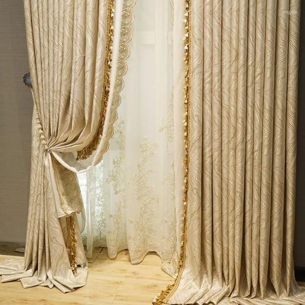 Drapes Vorhang Luxus europäischer Jacquard -Spitzenstich -Blackout -Vorhänge für Wohnzimmer Elegant Quasten Geometrisch gestreiftes Balkon Fenster