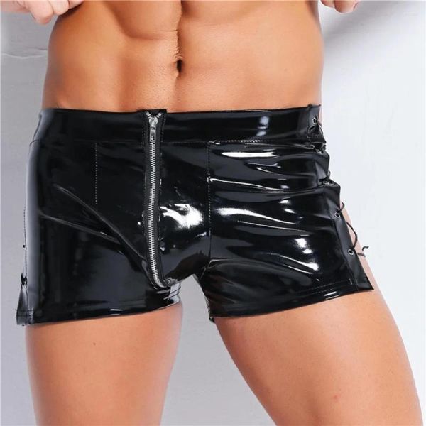 Underpants Männer Dessous Trunks Shorts Männlich Latex PVC Open -Schritt Reißverschluss Boxer Fetisch Gay Faux Leder Schnürung kurzer Hosen Clubwear