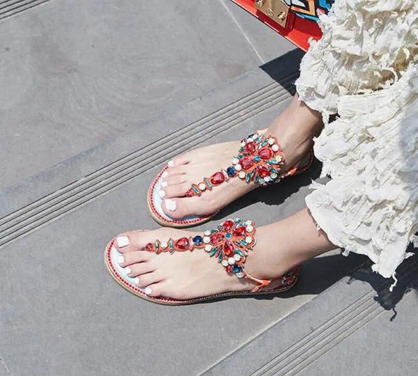 Sandalen Frauen flach rote Flip-Flops Hochzeit mit farbenfrohen Strasssteinen Strandschuhe Knöchelriemen für Mädchen