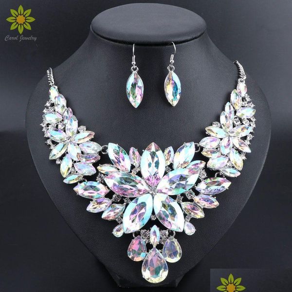 Düğün Mücevher Seti Lüks Hint Gelin Partisi Kostüm Mücevherleri Moda Hediyeleri Çiçek Kristal Kolye Küpeler 210323 Drop D Dhzk6