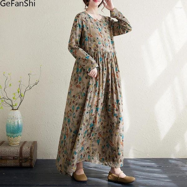 Abiti casual Spring Autumn 2024 Mlassa lunga Stampa vintage in cotone Linen Women Fashion Corea Susse Abbigliamento elegante