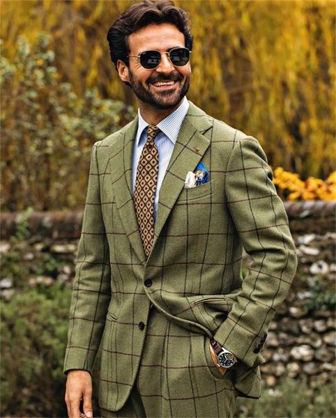 Tuxedos One Piece Handsome Green Men terá Tuxedos de casamento Novo moda Damier Check Wool Blend Groom Men Slim Fit Coat for Man Made personalizado