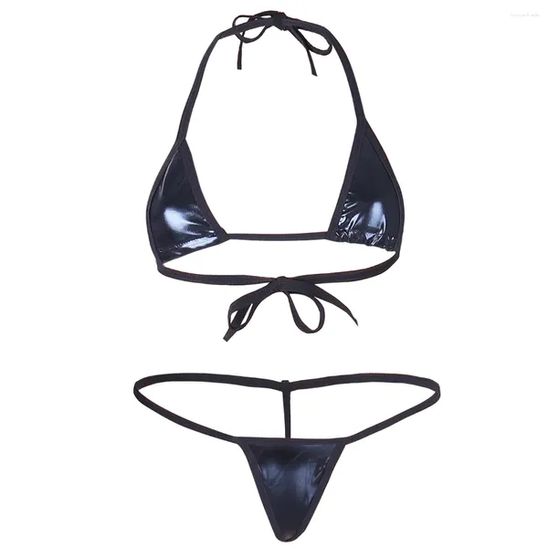 Frauen Badebekleidung Frauen zweiteilige Bikini Set sexy Dessousanzug Patent Lederhalter Micro BH Tops mit G-String-Tanga-Unterwäsche